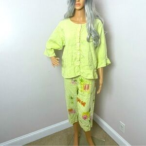 Liz and June Hand-Painted Linen Top & Pants Set – Size Large